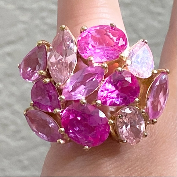 JC China Signed Pink Fuchsia Pink Cluster Crystal Cocktail Ring Size 5.5 - Picture 12 of 16